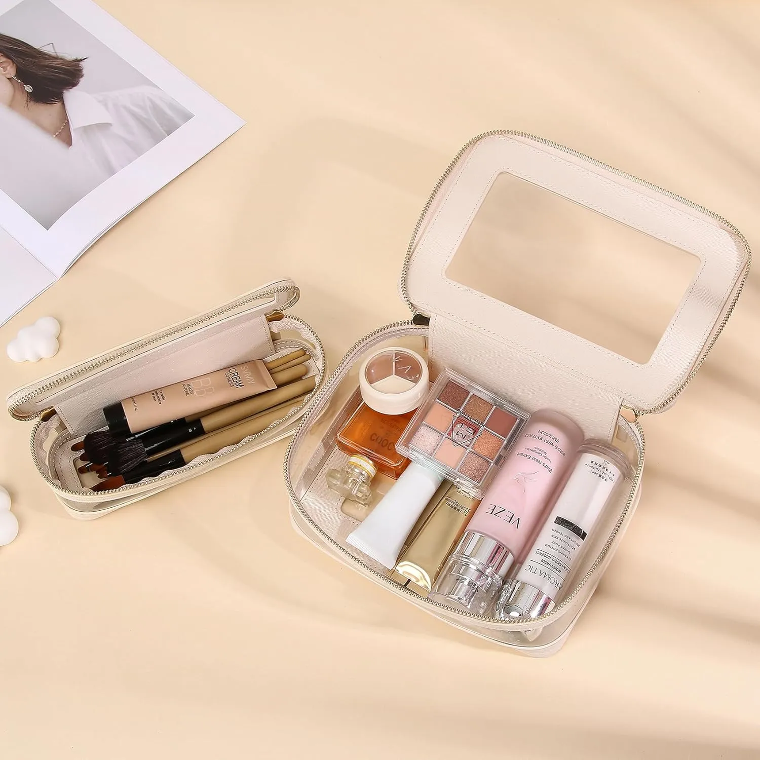 Travel Clear Makeup Bag with Brush Case TSA Approved Toiletry Bag Waterproof Cosmetic Organizer Car Essential for Women (Beige, M SLIM-1)