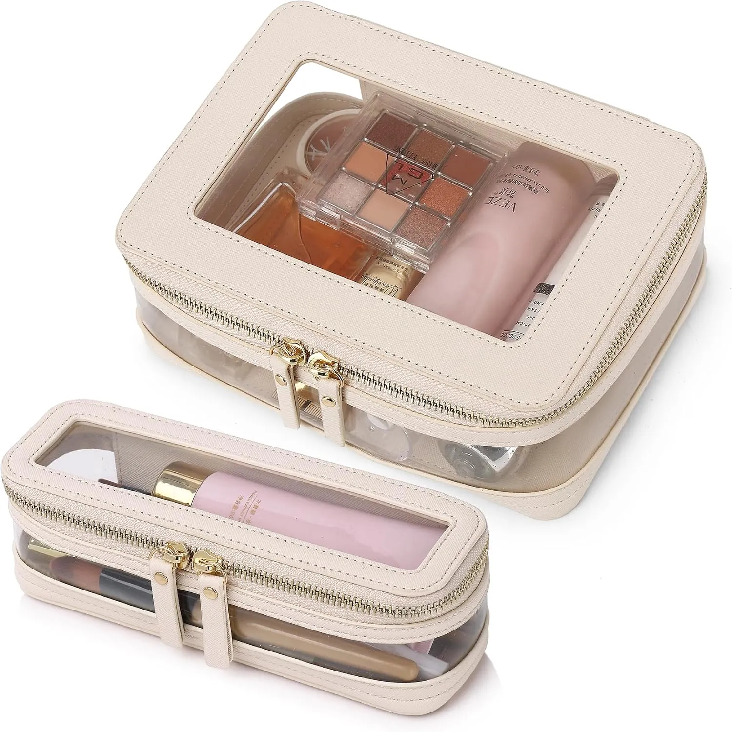 Travel Clear Makeup Bag with Brush Case TSA Approved Toiletry Bag Waterproof Cosmetic Organizer Car Essential for Women (Beige, M SLIM-1)