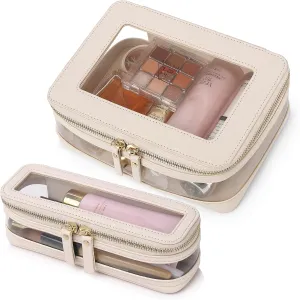 Travel Clear Makeup Bag with Brush Case TSA Approved Toiletry Bag Waterproof Cosmetic Organizer Car Essential for Women (Beige, M SLIM-1)