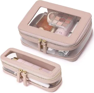 Travel Clear Makeup Bag with Brush Case TSA Approved Toiletry Bag Waterproof Cosmetic Organizer Car Essential for Women (Pink, M SLIM-1)
