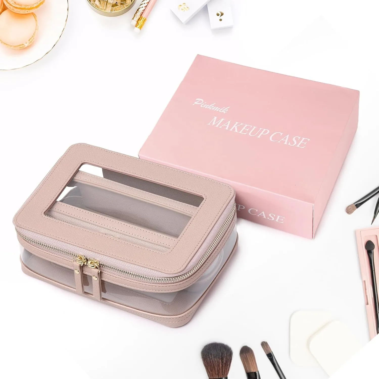Travel Clear Makeup Bag with Brush Case TSA Approved Toiletry Bag Waterproof Cosmetic Organizer Car Essential for Women (Pink, M SLIM-1)