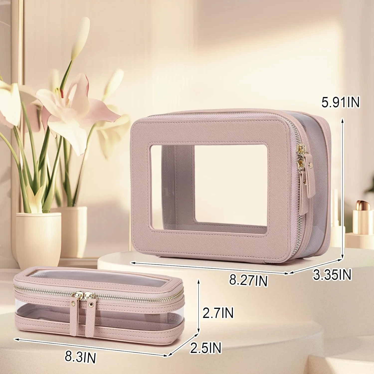 Travel Clear Makeup Bag with Brush Case TSA Approved Toiletry Bag Waterproof Cosmetic Organizer Car Essential for Women (Pink, M SLIM-1)