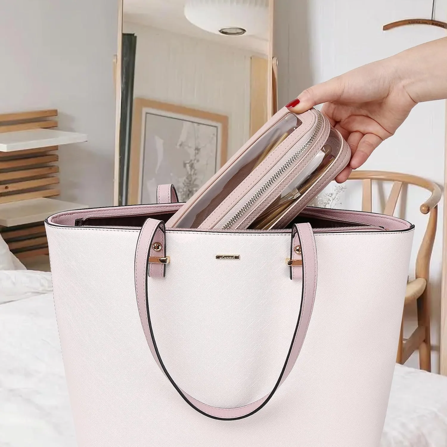 Travel Clear Makeup Bag with Brush Case TSA Approved Toiletry Bag Waterproof Cosmetic Organizer Car Essential for Women (Pink, M SLIM-1)