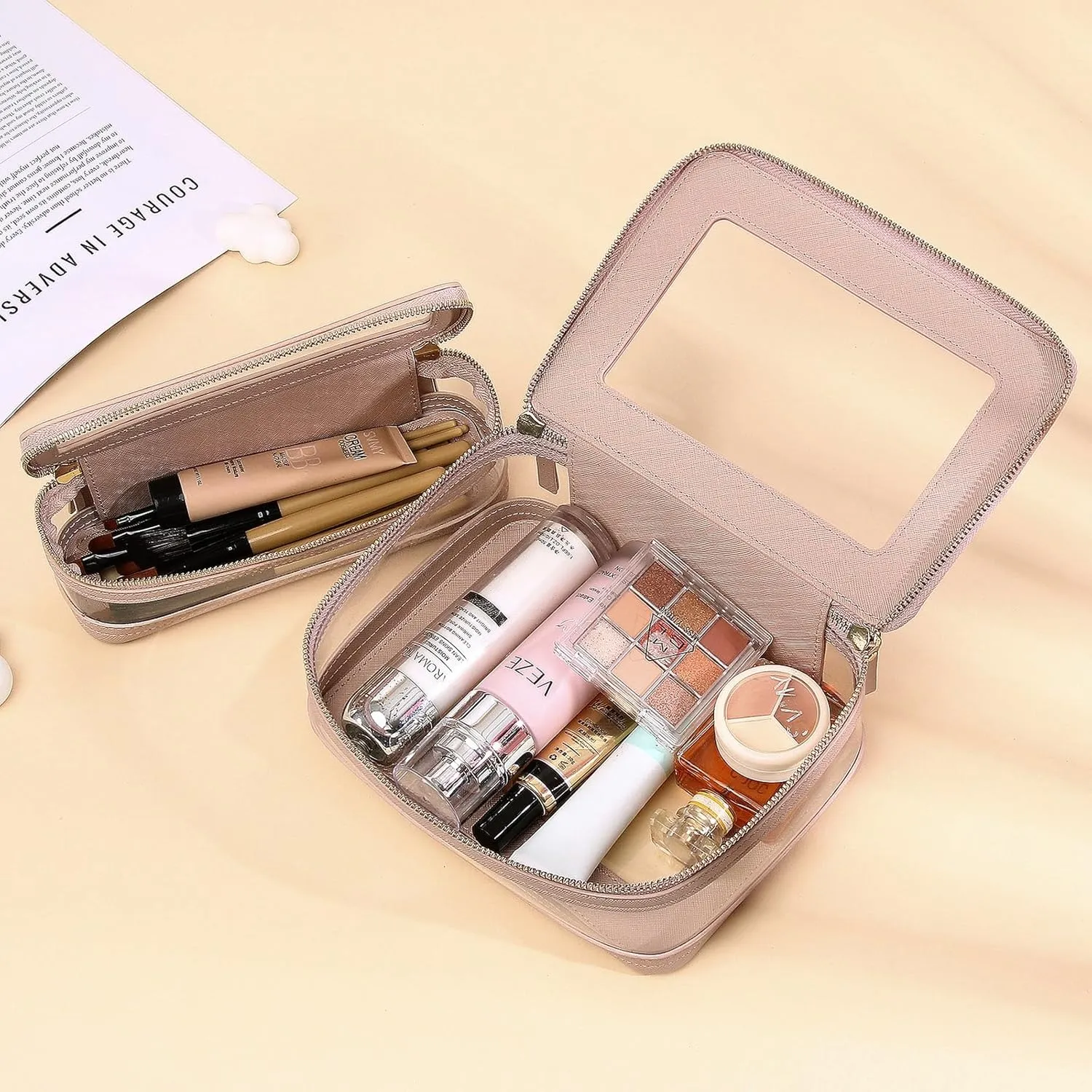 Travel Clear Makeup Bag with Brush Case TSA Approved Toiletry Bag Waterproof Cosmetic Organizer Car Essential for Women (Pink, M SLIM-1)