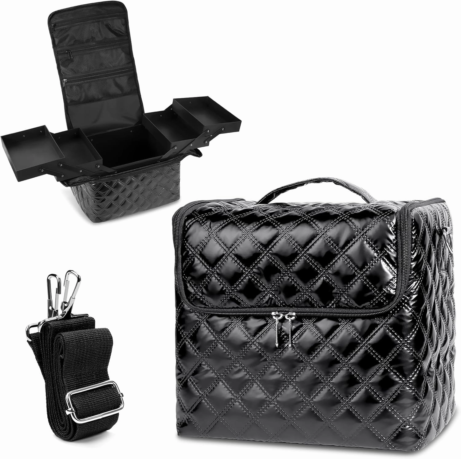 Travel Makeup Bag, 4 Trays Large Cosmetic Bag for Woman with Adjustable Dividers, Organizer Bag Waterproof, Travel Essentials Cosmetic Bag, Train Case for Nail Tech Black