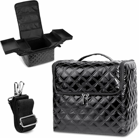 Travel Makeup Bag, 4 Trays Large Cosmetic Bag for Woman with Adjustable Dividers, Organizer Bag Waterproof, Travel Essentials Cosmetic Bag, Train Case for Nail Tech Black