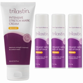 TriLASTIN-SR Intensive Stretch Mark Cream (5.5oz) Bundle with Nipple & Lip Balm (3pk) | Fast-Acting Stretch Marks Cream with Absorption Enhancing Serum | Breastfeeding & Ingesting Safe Balm