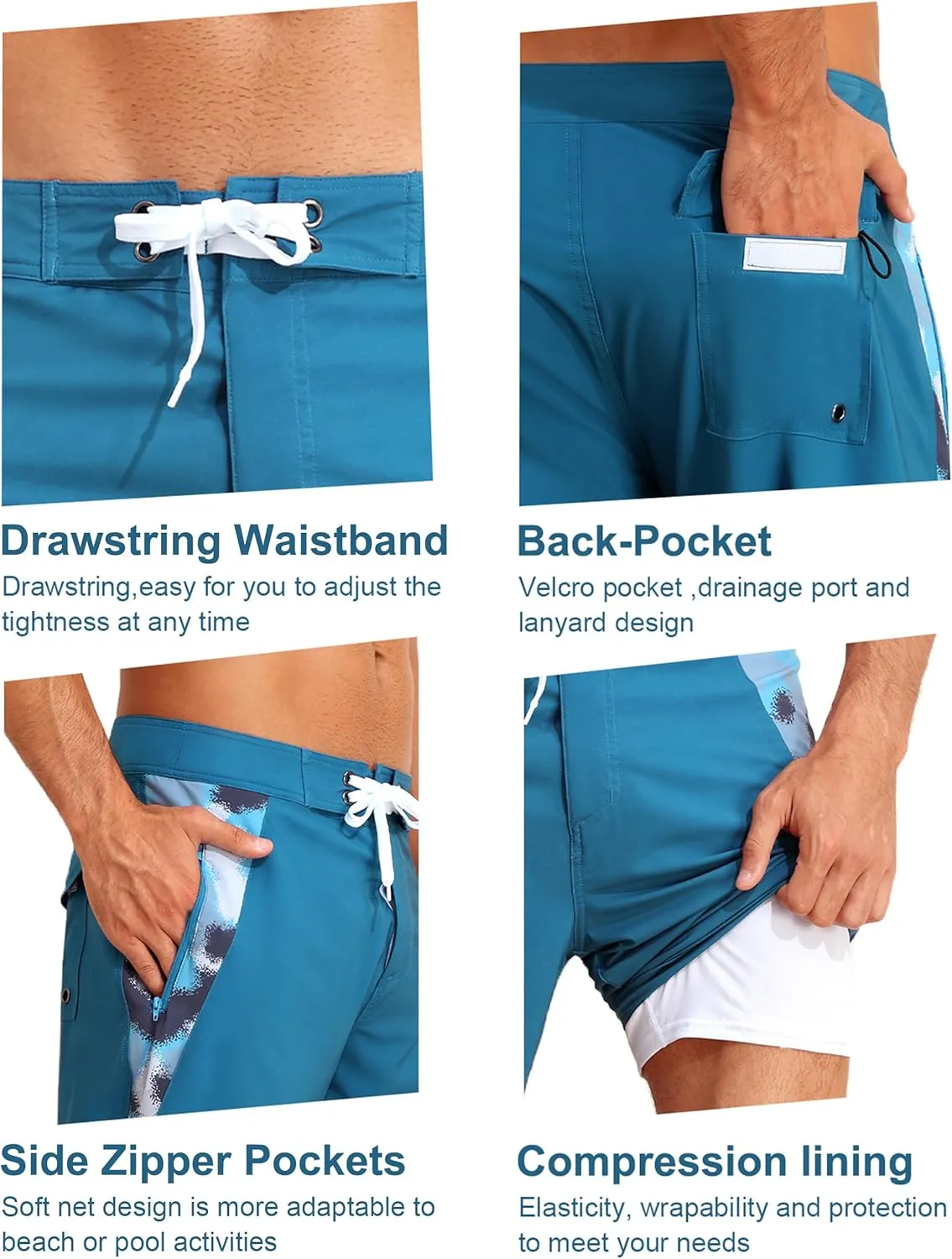 unitop Mens Swim Trunks with Compression Liner Bathing Suit 9" Surfing Summer Board Shorts with Pocket