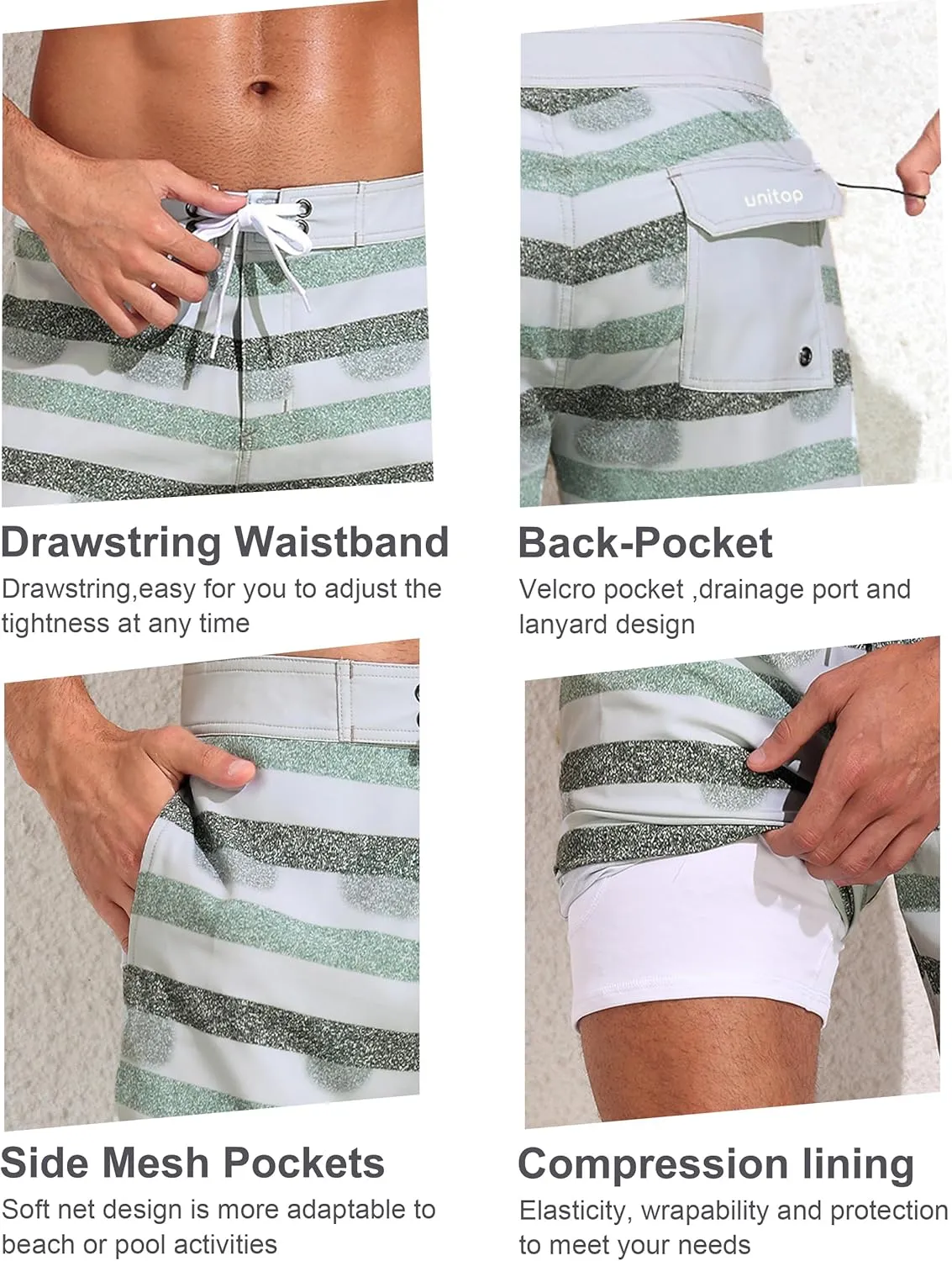 unitop Mens Swim Trunks with Compression Liner Bathing Suit 9" Surfing Summer Board Shorts with Pocket