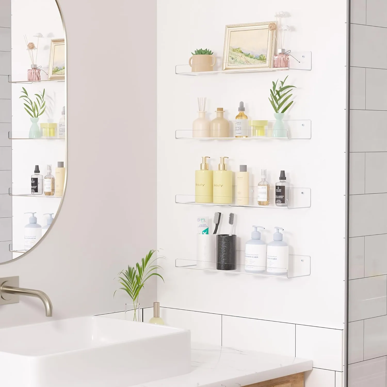 upsimples 4 Pack Acrylic Shelves for Wall Storage, 15" Floating Bookshelves for Kids, Display Shelf Organizer for Bathroom, Bedroom, Living Room, Kitchen, Room Decor, Clear