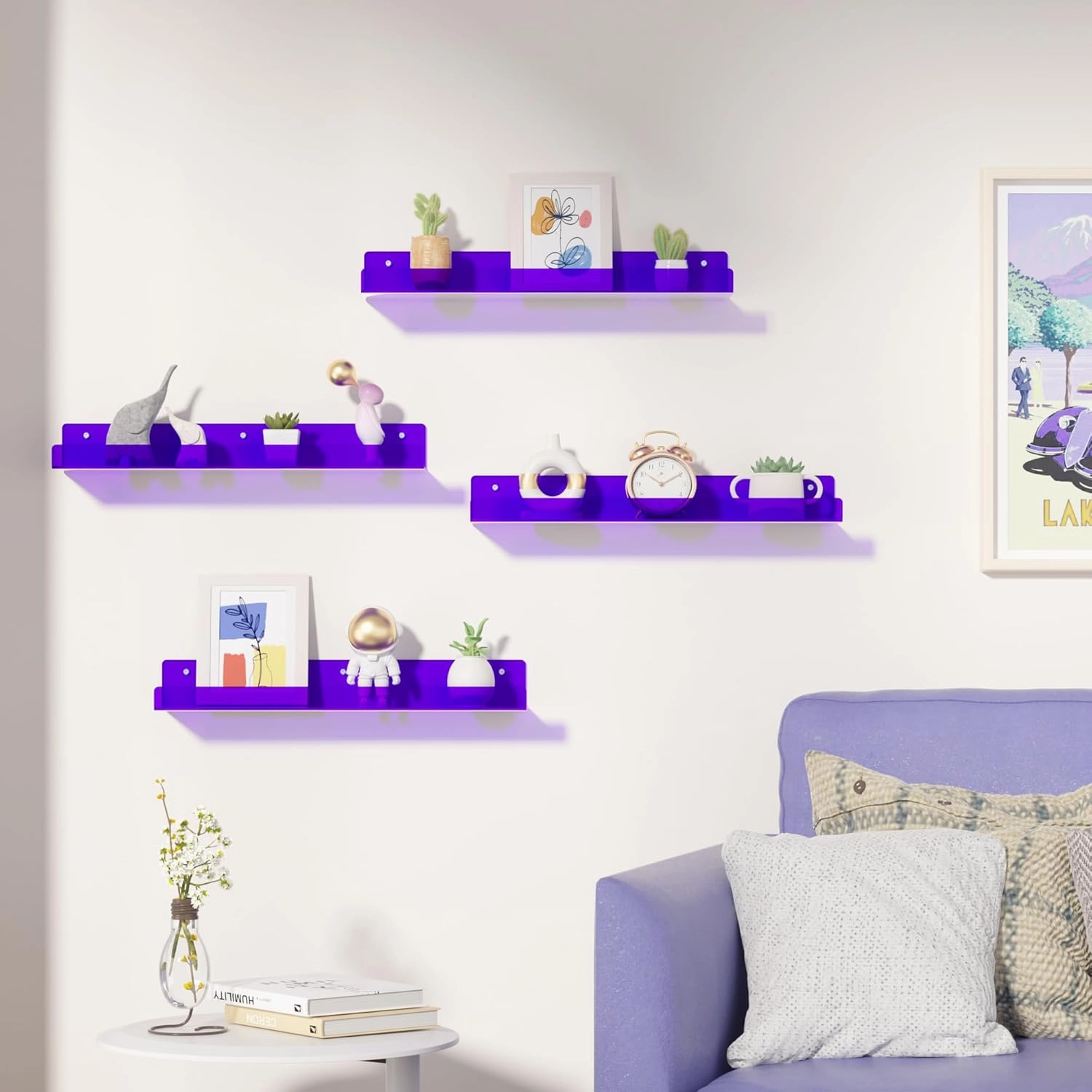 upsimples 4 Pack Acrylic Shelves for Wall Storage, 15" Floating Bookshelves for Kids, Display Shelf Organizer for Bathroom, Bedroom, Living Room Decor, Kitchen, Clear Purple