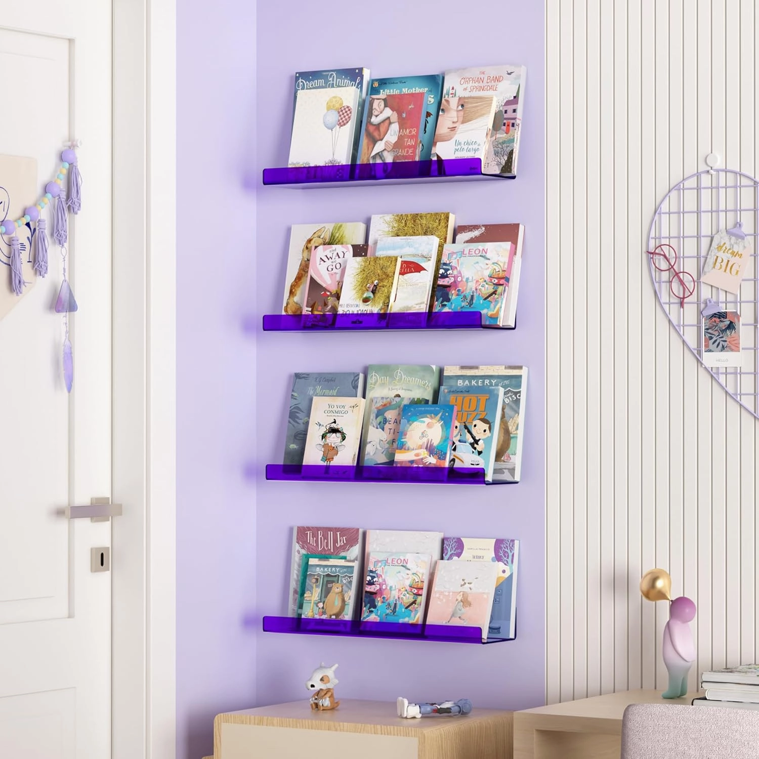 upsimples 4 Pack Acrylic Shelves for Wall Storage, 15" Floating Bookshelves for Kids, Display Shelf Organizer for Bathroom, Bedroom, Living Room Decor, Kitchen, Clear Purple