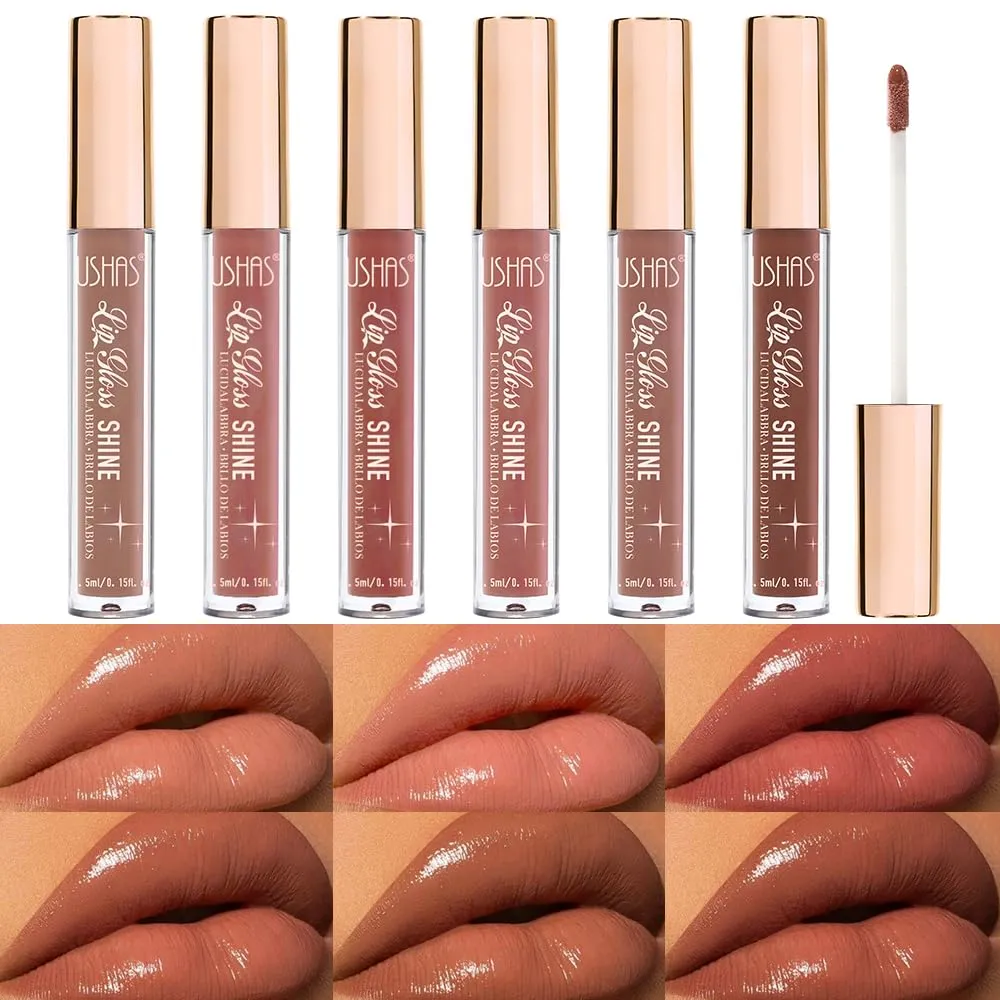 USHAS 6pcs Lip Gloss set - High-Shine Gloss for Fuller Non-Sticky, Lip Tint, Longwear, Weightless, Lip Plumper Gloss, Shimmery Glosses for Women makeup set (Set 2 (07-12), Pack of 1)