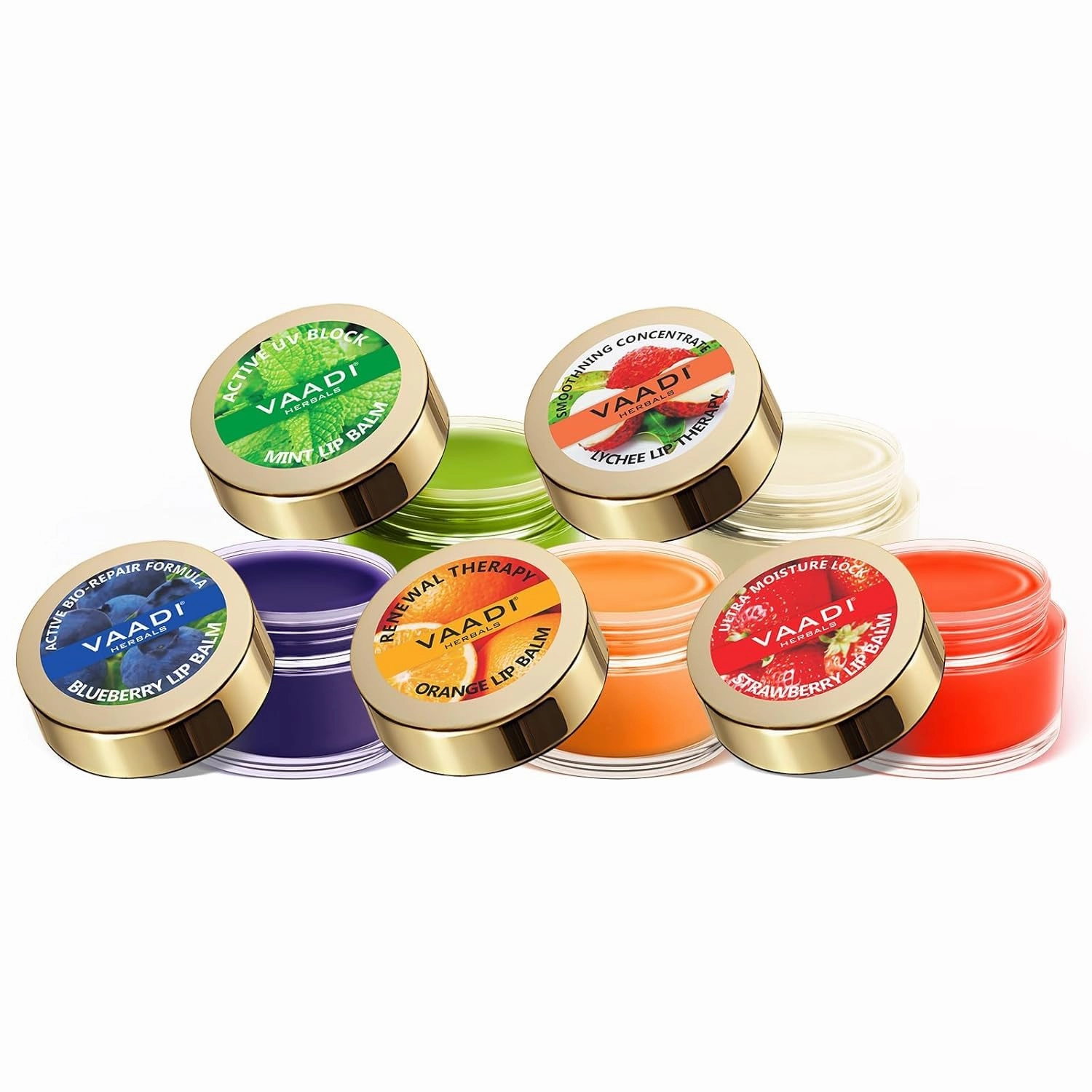 Vaa.di Her.bals Assorted Lip Balm Pack | 10g Each | Pack of 5 Flavours | Nourishing & Moisturizing Lip Care for Soft, Smooth Lips