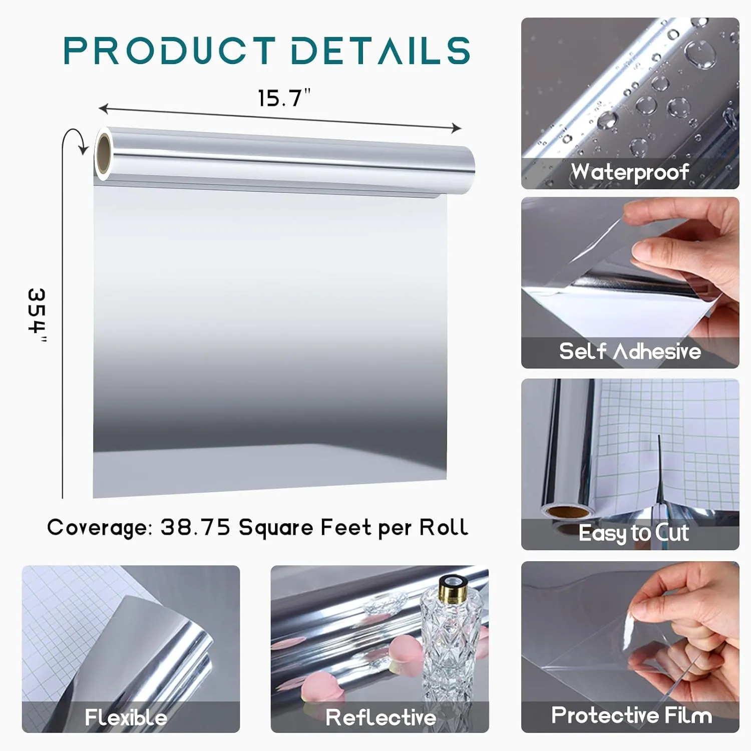 VEELIKE 15.7''x354'' Glossy Silver Metallic Vinyl Wallpaper Peel and Stick Non Glass Reflective Mirror Adhesive Vinyl Roll Silver Chrome Vinyl for Kitchen Cabinets Table Crafts Home Decor