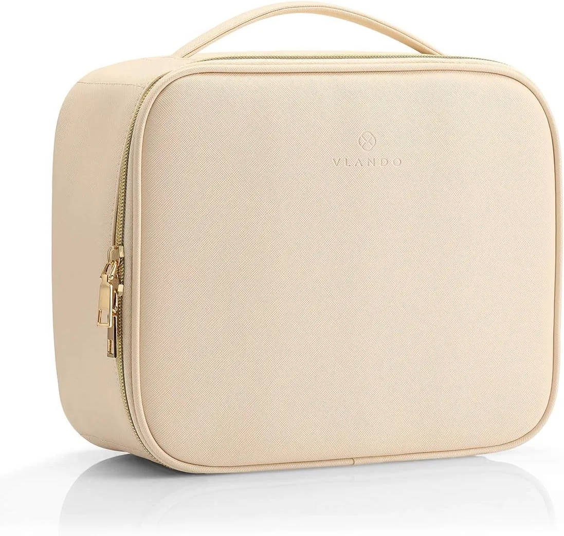 Vlando Toiletry Bag, Large Wash Bag, Travel Cosmetic Make-up Bag, Multi-compartment with Dividers for Cosmetics Makeup Brushes Toiletry Jewelry Accessories, Beige