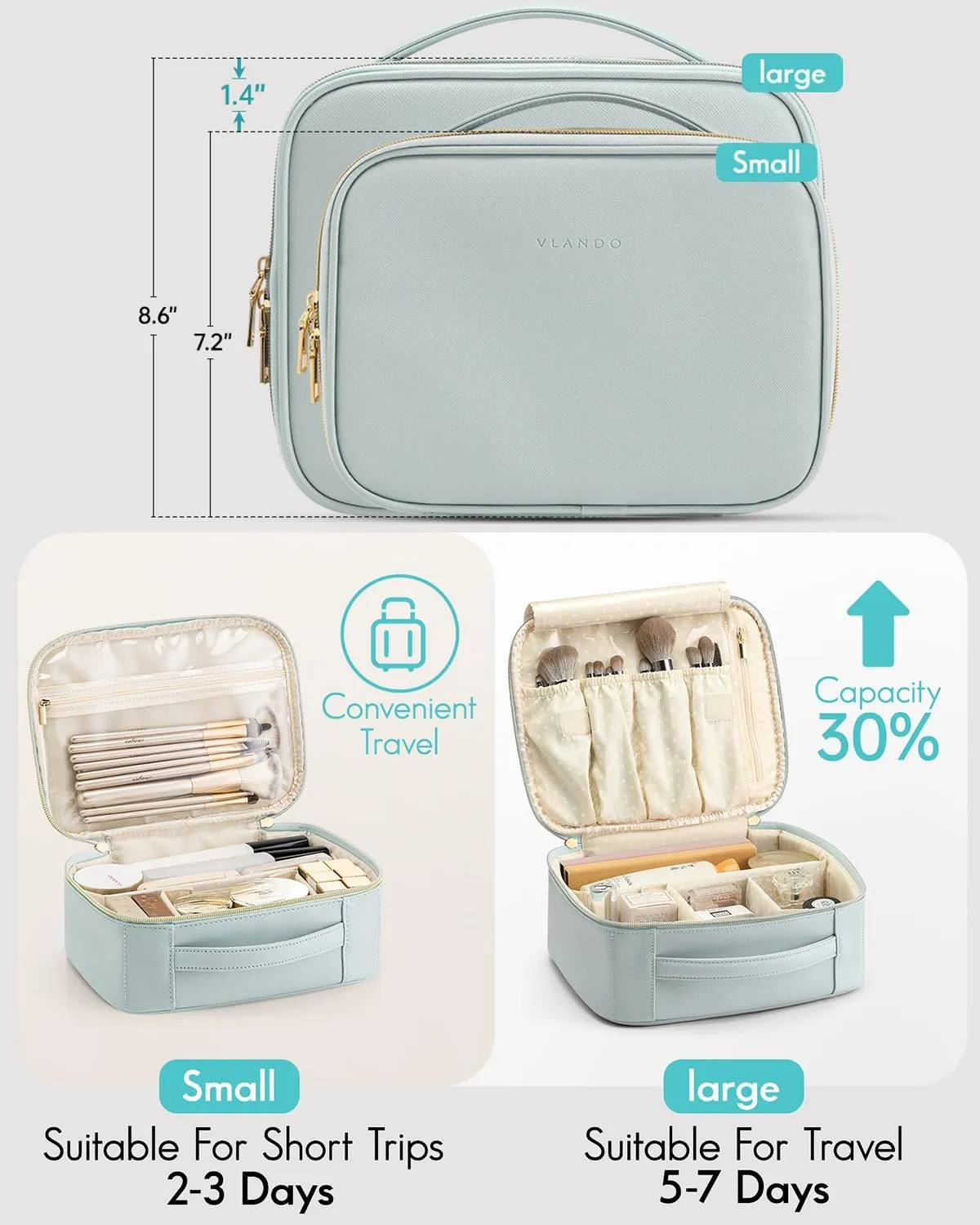 Vlando Travel Makeup Bag,Portable Cosmetic Bag Makeup Case Organizer, Makeup Bag with Adjustable Dividers for Women,Girls,Wedding,Cosmetic Brushes,Toiletry,Gifts,Anniversary-Blue