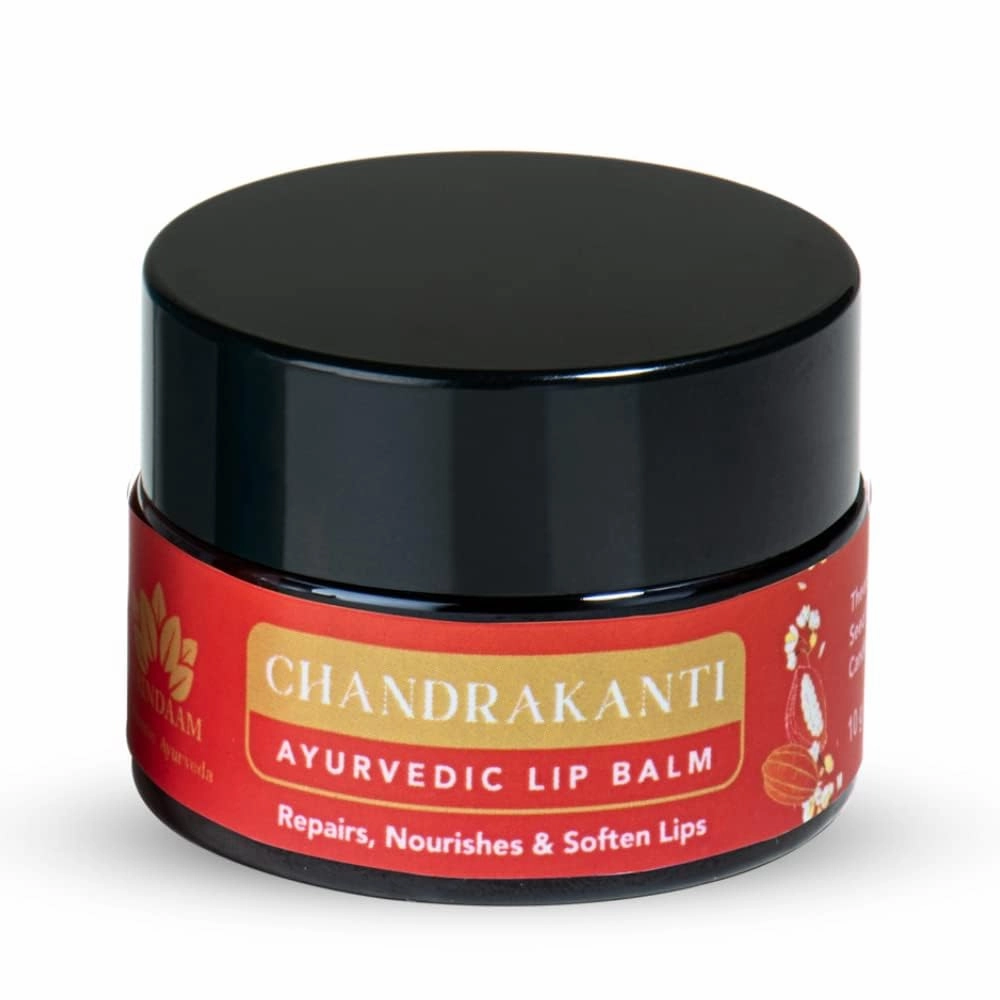 Vrindam Chandraakanti Ayurvedic Lip Balm for Dry, Damaged & Chapped Lips | Moisturizes, Softens, Hydrates & Nourishes | Theobroma Cacao Seed, Beeswax, Shea Butter & Essential Oils | 0.35 Ounce.