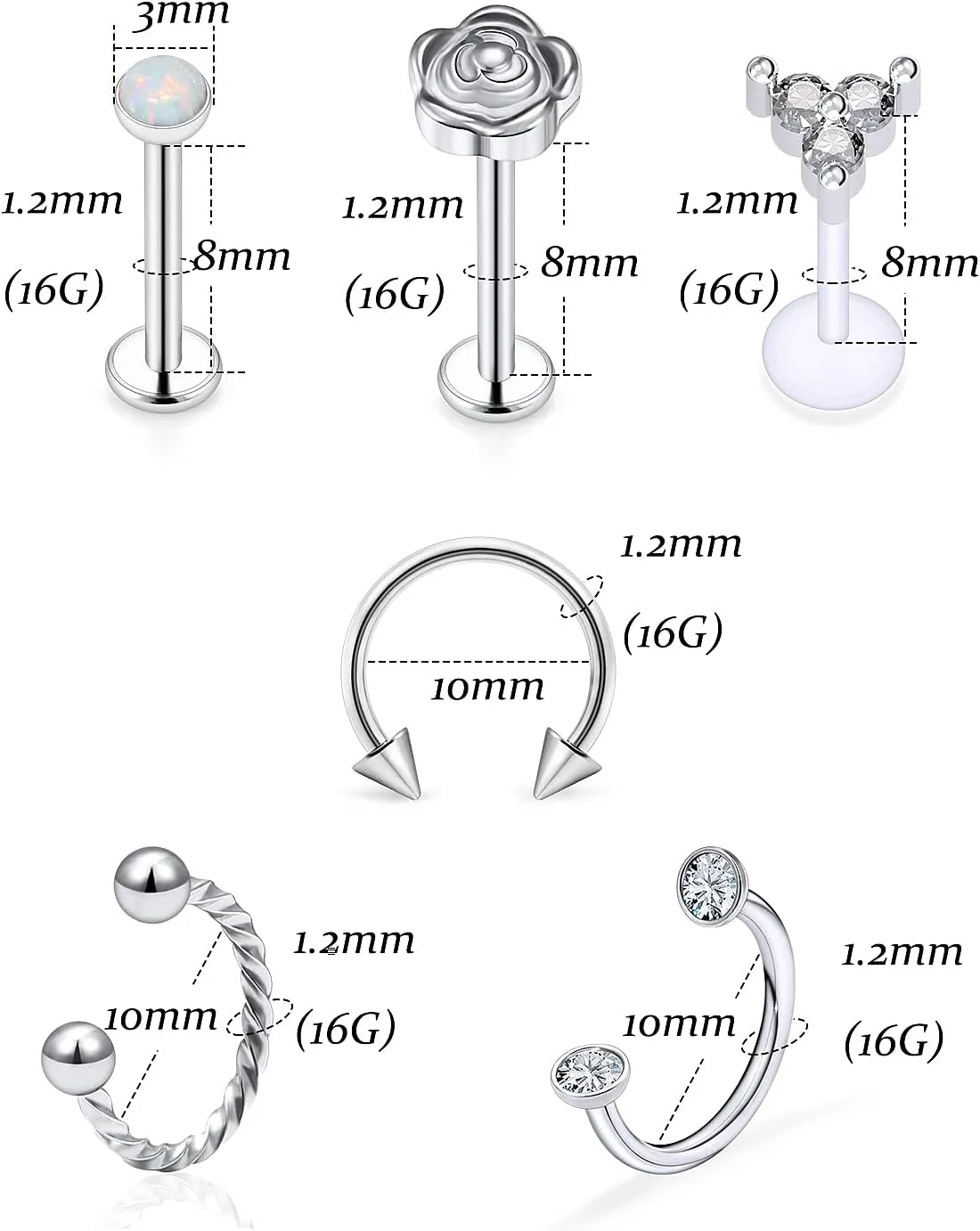 Vsnnsns 16G Lip Rings Stainless Steel Horseshoe Snake Bite Monroe Labret Medusa Lip Piercing Jewelry Tragus Daith Forward Helix Conch Cartilage Earrings Studs Piercing Jewelry for Women Men 16 Gauge