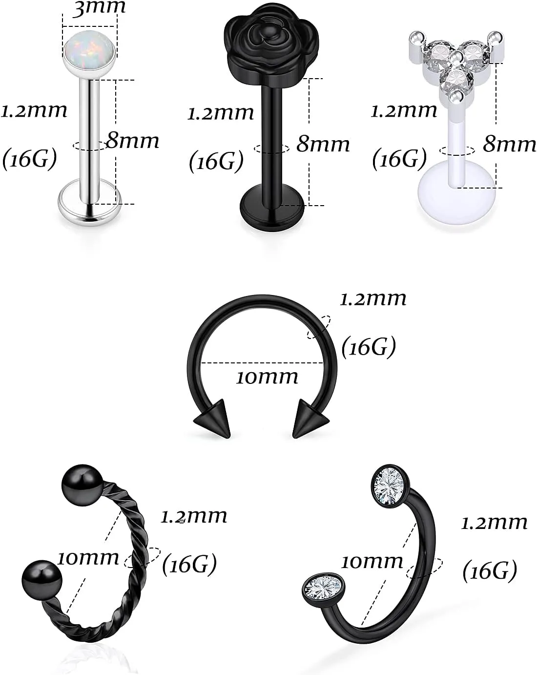 Vsnnsns 16G Lip Rings Stainless Steel Horseshoe Snake Bite Monroe Labret Medusa Lip Piercing Jewelry Tragus Daith Forward Helix Conch Cartilage Earrings Studs Piercing Jewelry for Women Men 16 Gauge