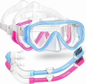 WACOOL Snorkeling Snorkel Diving Scuba Package Set Gear for Kids Youth Junior Anti-Fog Coated Glass with Silicon Mouth Piece Purge Valve and Anti-Splash