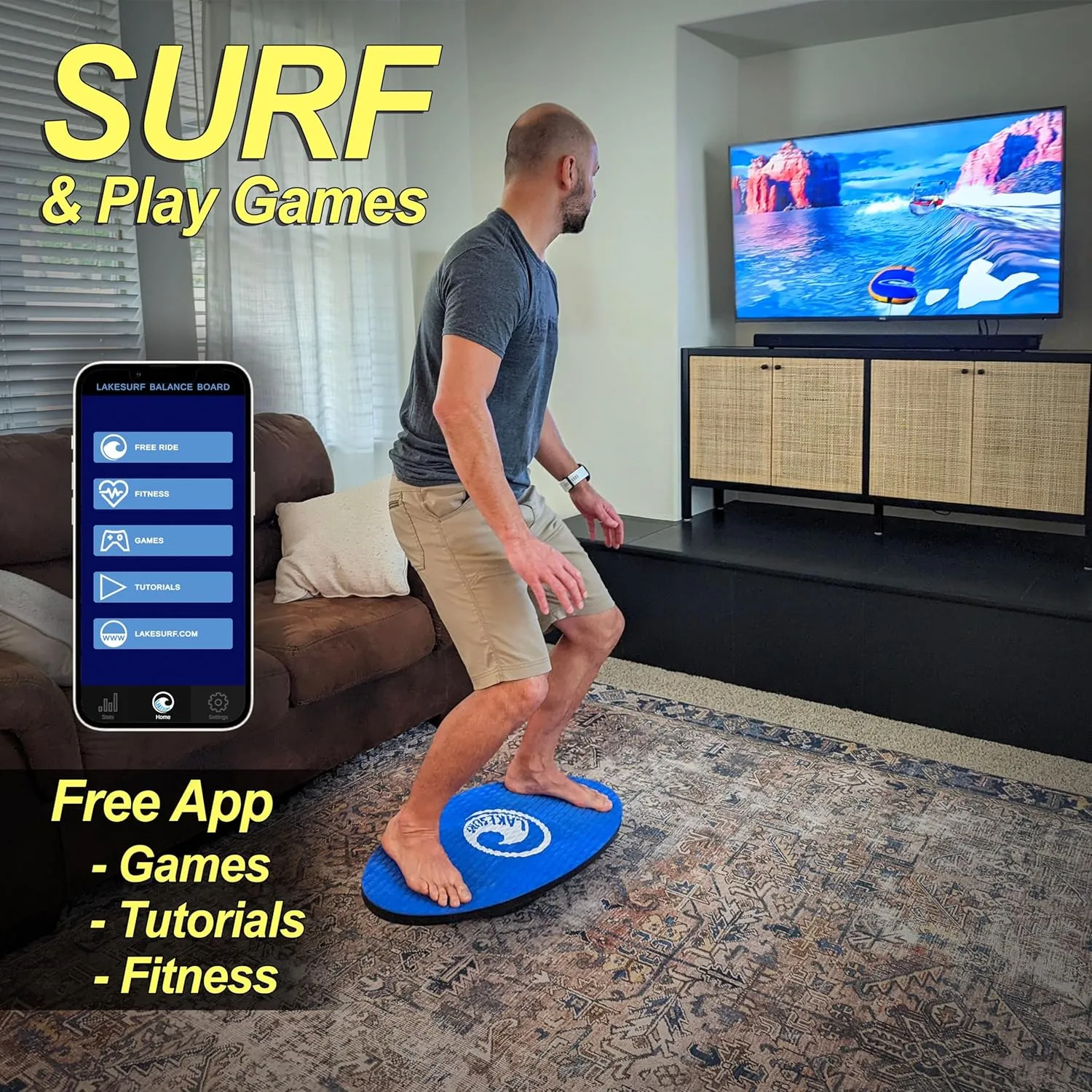 Wakesurf Balance Board by Lakesurf - Includes Motion Tracking App & Phone Mount for Wakesurfing Simulation, Games, Fitness Training, and Tutorials