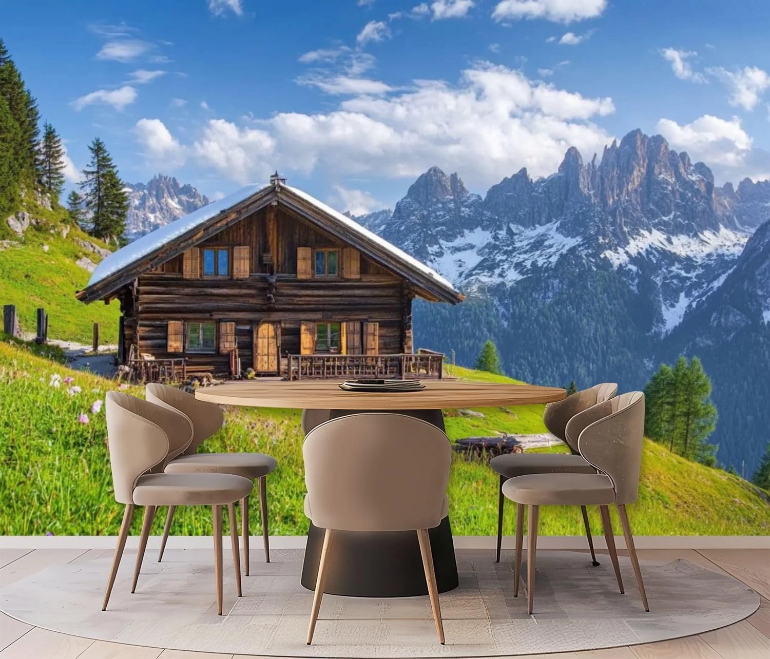 Wall Mural Peel & Stick Alpine Scenery Mountain Chalet Summer Self-Adhesive Wallpaper Removable Wall Decal Wall Sticker Home Decor for Living Room Bedroom 100"x144"