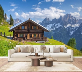 Wall Mural Peel & Stick Alpine Scenery Mountain Chalet Summer Self-Adhesive Wallpaper Removable Wall Decal Wall Sticker Home Decor for Living Room Bedroom 100"x144"
