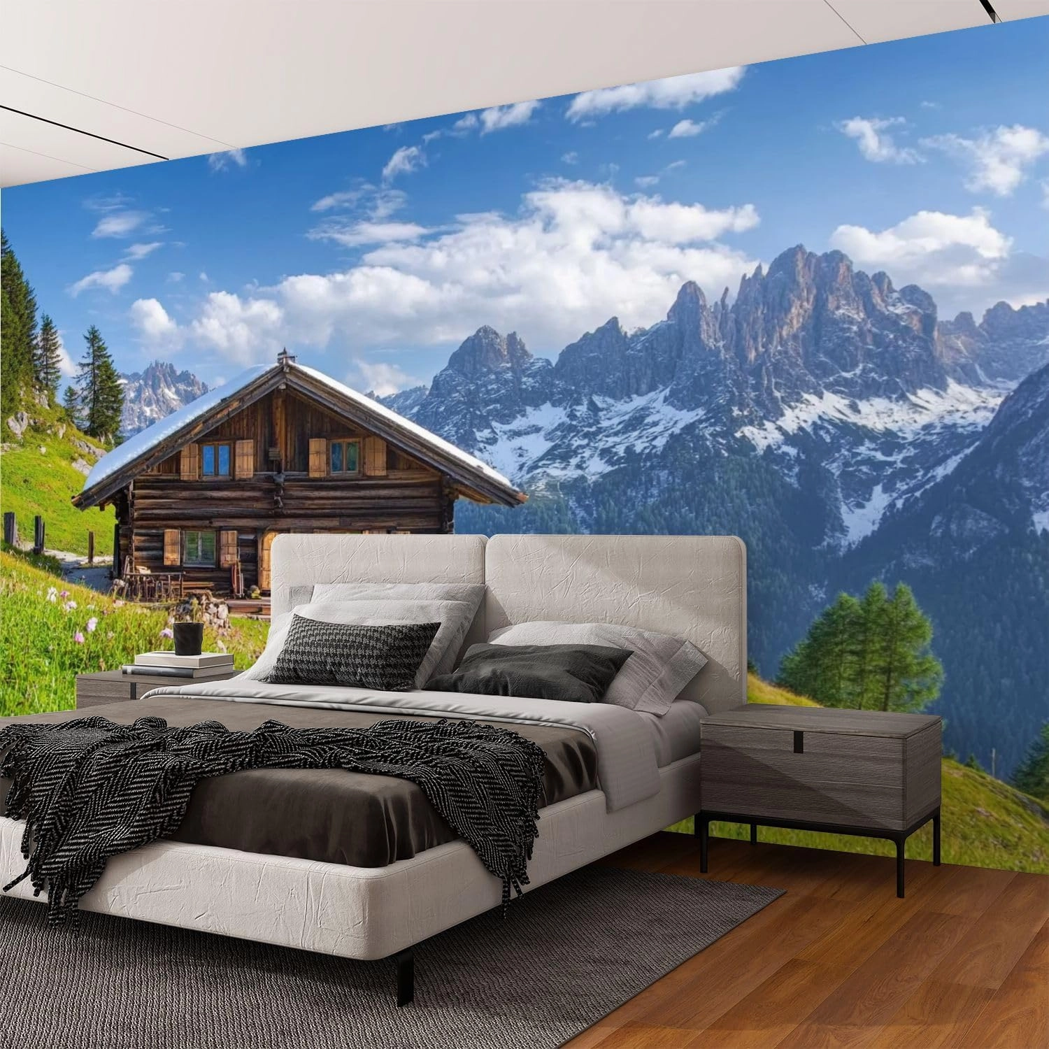 Wall Mural Peel & Stick Alpine Scenery Mountain Chalet Summer Self-Adhesive Wallpaper Removable Wall Decal Wall Sticker Home Decor for Living Room Bedroom 100"x144"