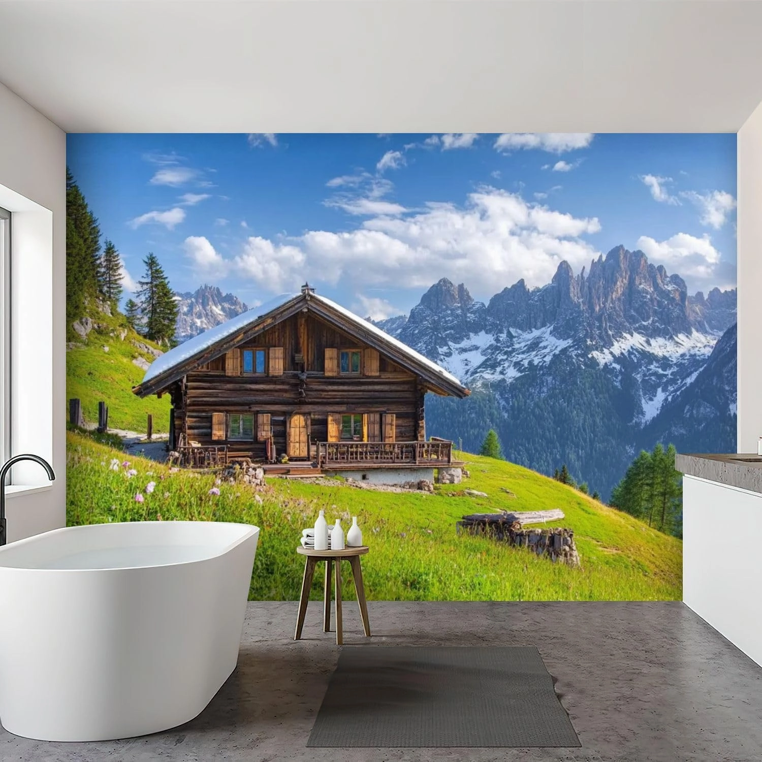Wall Mural Peel & Stick Alpine Scenery Mountain Chalet Summer Self-Adhesive Wallpaper Removable Wall Decal Wall Sticker Home Decor for Living Room Bedroom 100"x144"