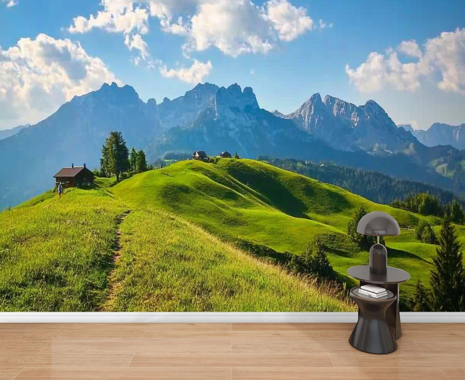 Wall Mural Peel & Stick Idyllic Alpine Scenery Farmhouse Front Wilder Austria Self-Adhesive Wallpaper Removable Wall Decal Wall Sticker Home Decor for Living Room Bedroom 69"x96"
