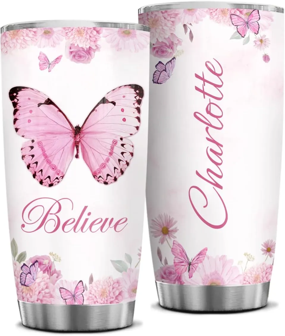 Wassmin Personalized Christian Tumbler Christian Gifts For Women Girls Butterfly Believe Mug Stainless Steel Coffee Travel Cup Mugs Inspirational Tumblers 20oz 30oz Birthday Religious Gifts