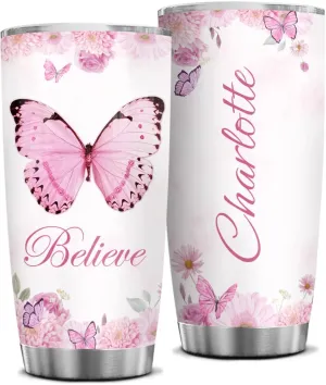 Wassmin Personalized Christian Tumbler Christian Gifts For Women Girls Butterfly Believe Mug Stainless Steel Coffee Travel Cup Mugs Inspirational Tumblers 20oz 30oz Birthday Religious Gifts