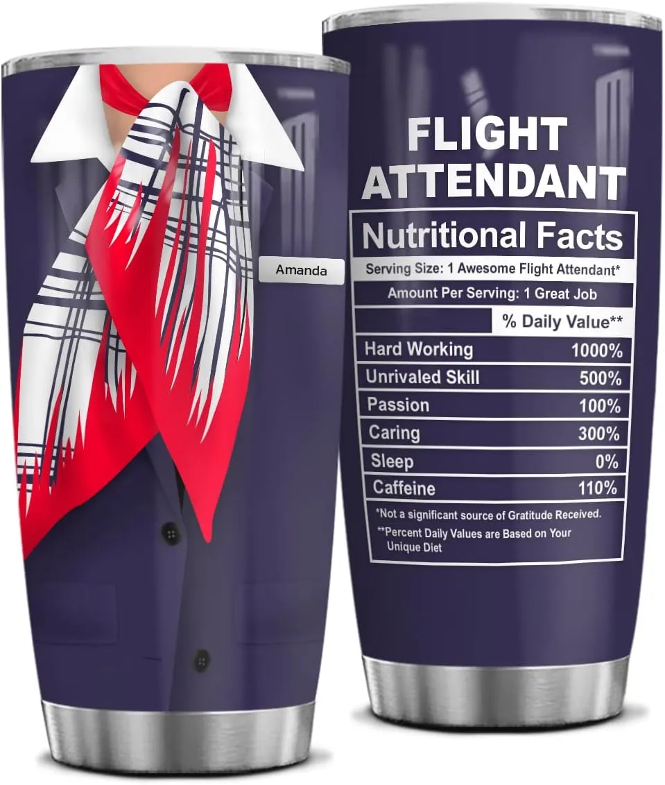 Wassmin Personalized Flight Attendant Gifts Flight Attendant Nutrition Facts Tumbler 20oz 30oz Stainless Steel Coffee Travel Mug Tumblers Cup Birthday Christmas Gifts For Women Men
