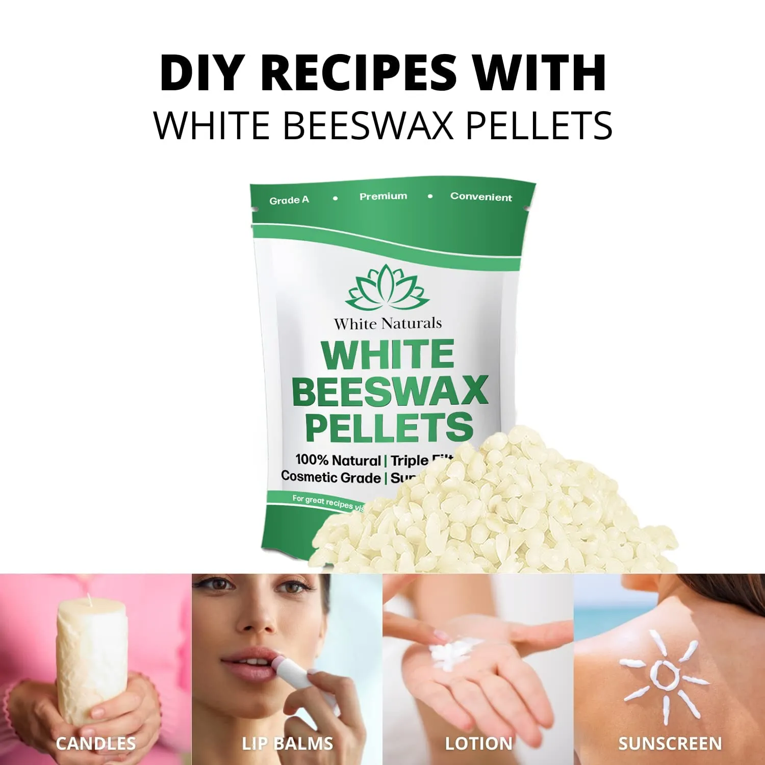 White Beeswax Pellets 2lb (1lb in Each Bag), Pure, Natural, Cosmetic Grade, Organic, Bees Wax Pastilles, 3X Filtered, Great For Soap Making, Candles, DIY Lip Balms, Sunscreen By White Naturals