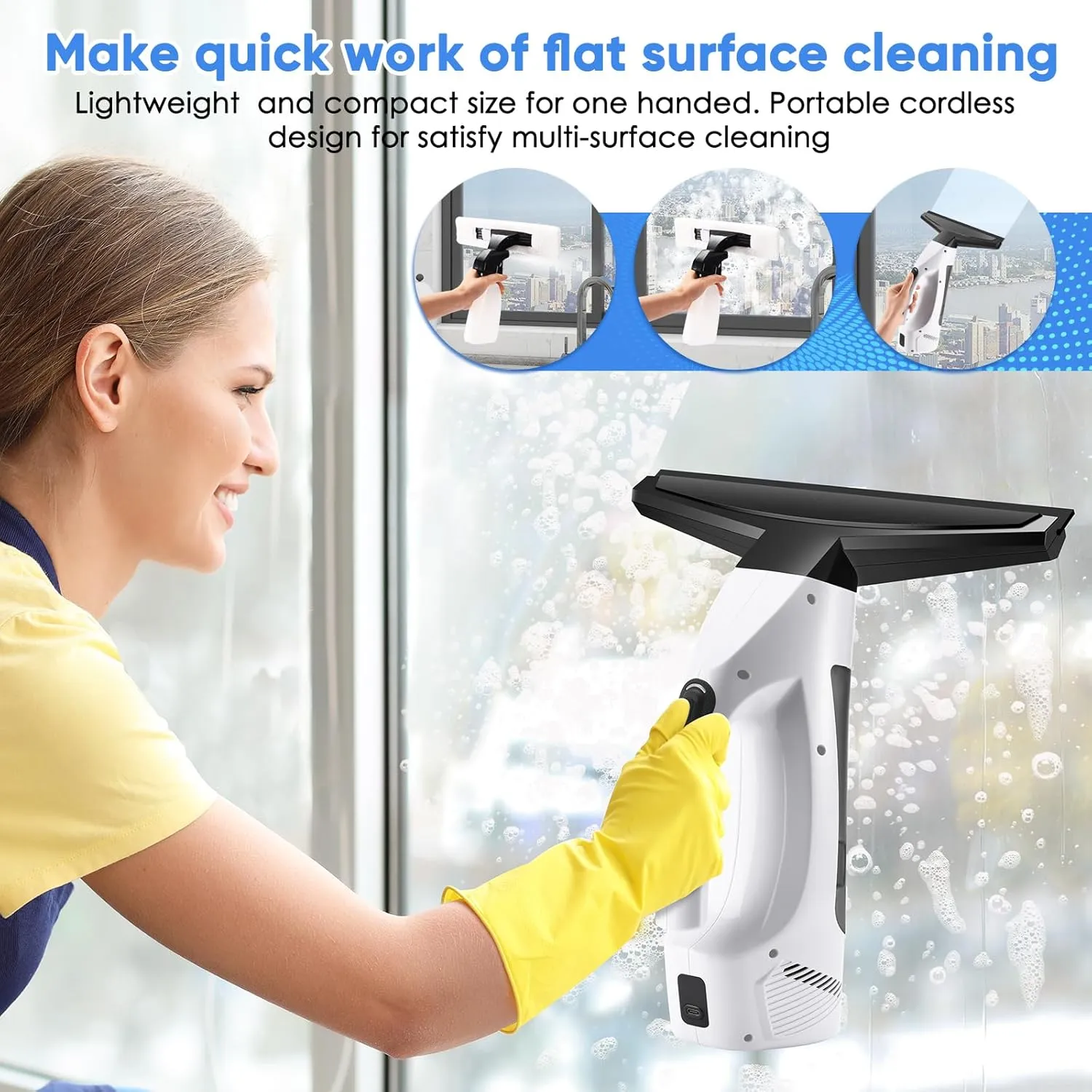 Window Vacuum, Window Vacuum Squeegee Cordless, Handheld Window Vac with Multi-Purpose Spray Bottle & Microfiber Cloth, Electric Cleaning Tool for Windows, Tiles, Mirror, Countertop, Car Windshield