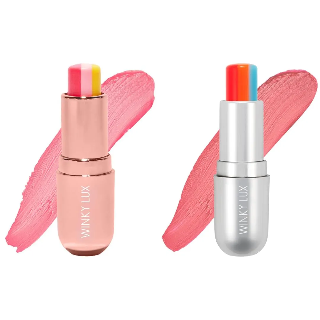 Winky Lux Tri Lip Balm Duo, Pink Lemonade & Rainbow - Hydrating, Nourishing Lip Care with Jojoba Oil & Vitamin E, Sheer Pink Tint, Moisturizes & Softens Dry Lips, Buttery Soft with Juicy Finish