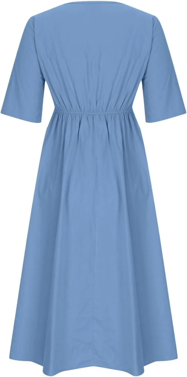 Womens Dresses Casual Cotton Linen Ruched Empire Waist A-Line Sun Dress Loose Fitting Pockets Maxi Summer Dresses
