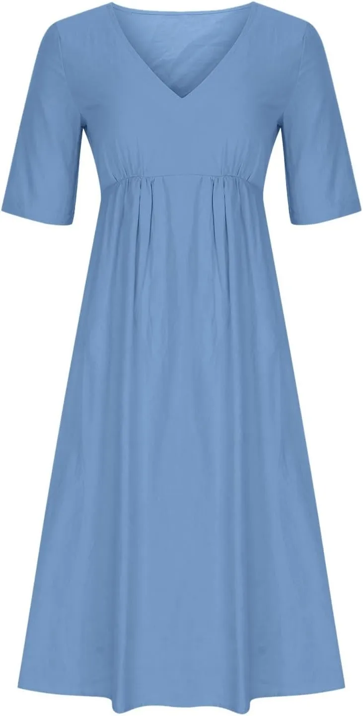 Womens Dresses Casual Cotton Linen Ruched Empire Waist A-Line Sun Dress Loose Fitting Pockets Maxi Summer Dresses