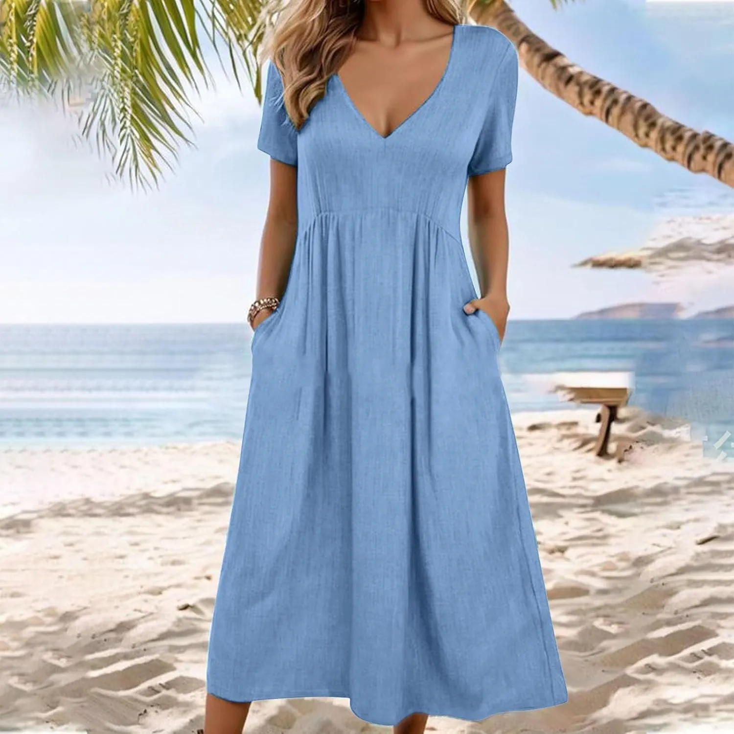 Womens Dresses Casual Cotton Linen Ruched Empire Waist A-Line Sun Dress Loose Fitting Pockets Maxi Summer Dresses
