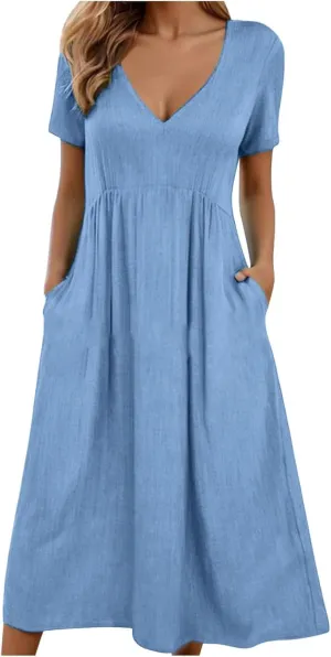 Womens Dresses Casual Cotton Linen Ruched Empire Waist A-Line Sun Dress Loose Fitting Pockets Maxi Summer Dresses
