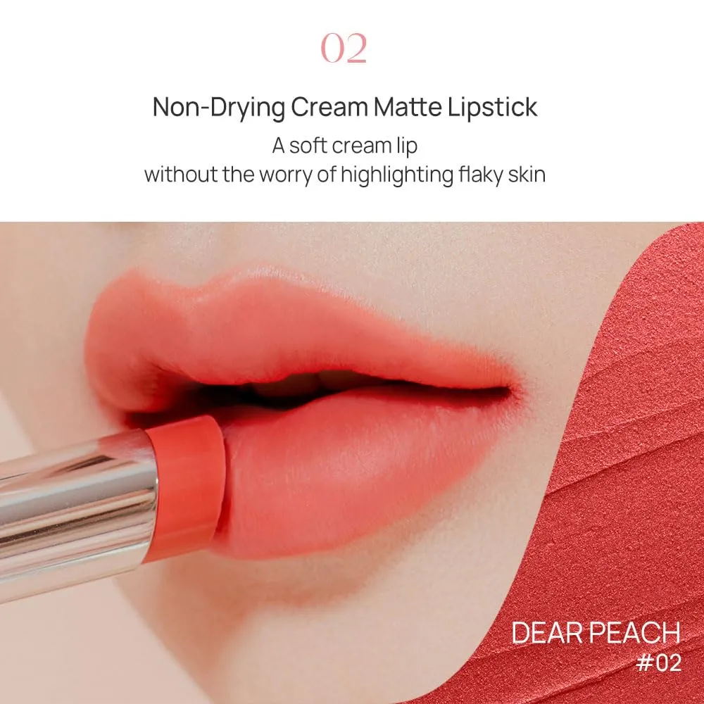 YNM Cream Matte Lipstick (02 DEAR PEACH, 5.5g), Long Lasting, Non-Drying,K-beauty, Buildable, Lightweight Formula, Full Coverage, Highly Pigmented