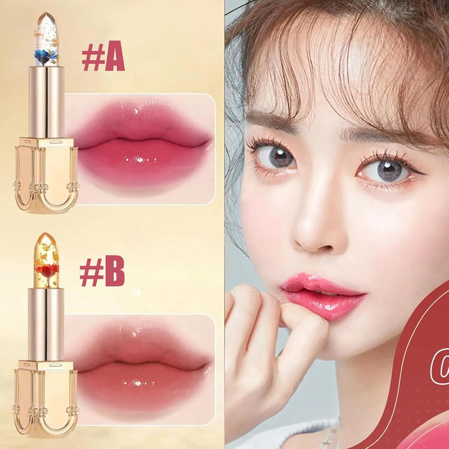 Yulyoie Flower Color Changing Lipstick, Yulyoie Gold Foil Crystal Jelly Clear Flower Color Changing Lipstick, Long-lasting Moisturizing (#C)
