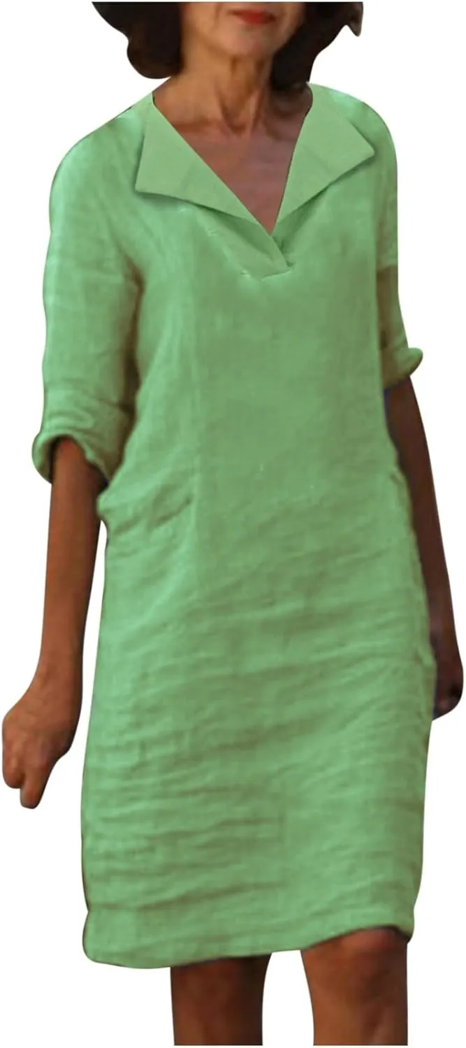 ZDRZK Casual Dresses for Women Lapel V Neck Solid Linen Cotton Summer Dresses Short Sleeve Loose Fit Pullover Dress