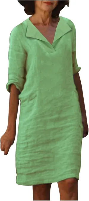 ZDRZK Casual Dresses for Women Lapel V Neck Solid Linen Cotton Summer Dresses Short Sleeve Loose Fit Pullover Dress