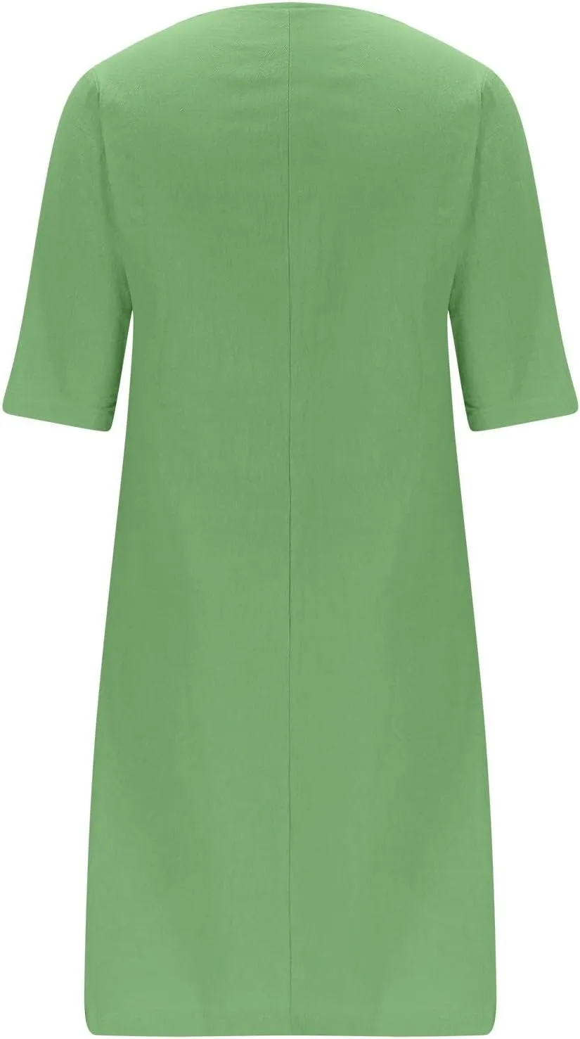ZDRZK Casual Dresses for Women Lapel V Neck Solid Linen Cotton Summer Dresses Short Sleeve Loose Fit Pullover Dress