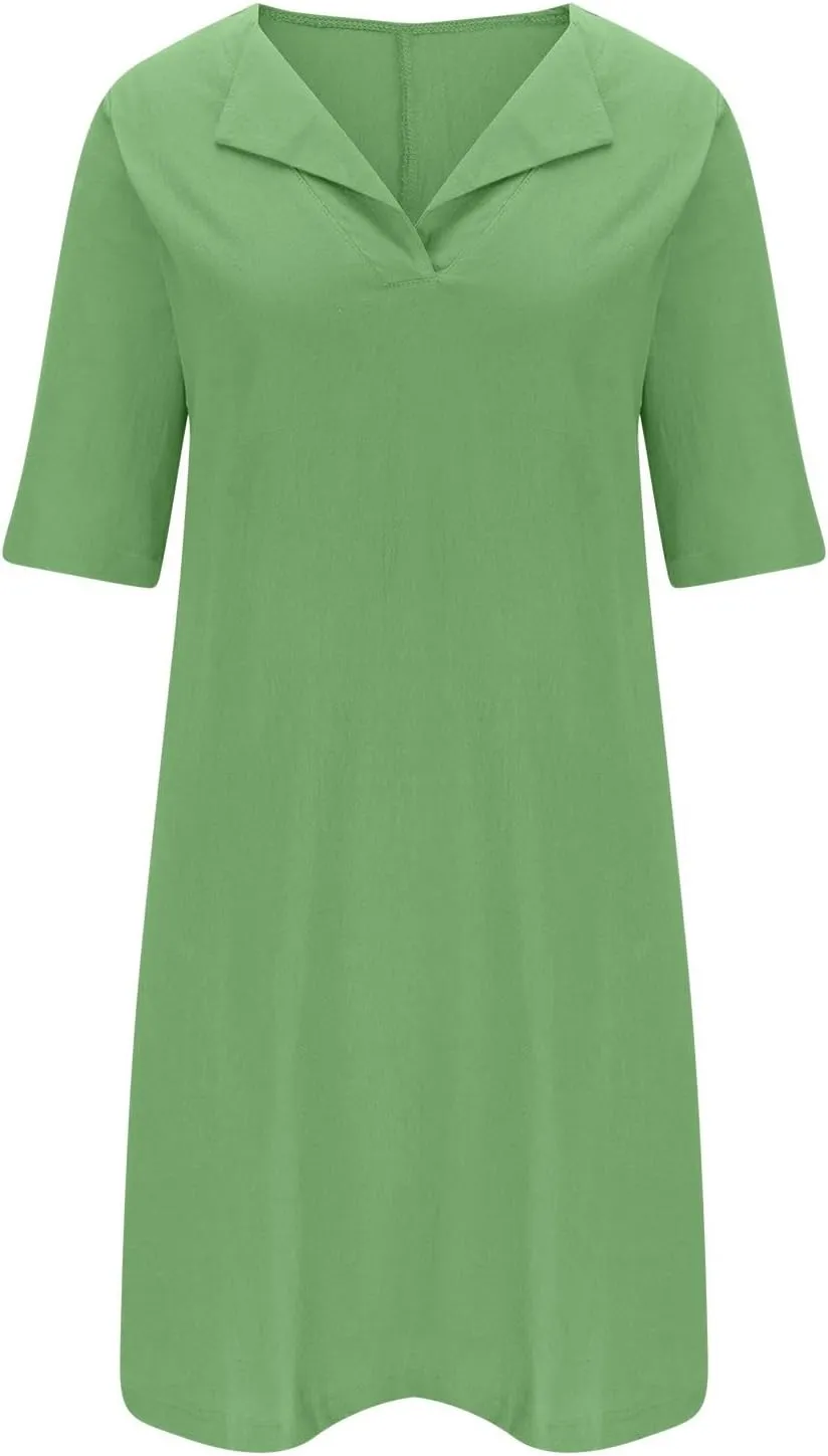 ZDRZK Casual Dresses for Women Lapel V Neck Solid Linen Cotton Summer Dresses Short Sleeve Loose Fit Pullover Dress