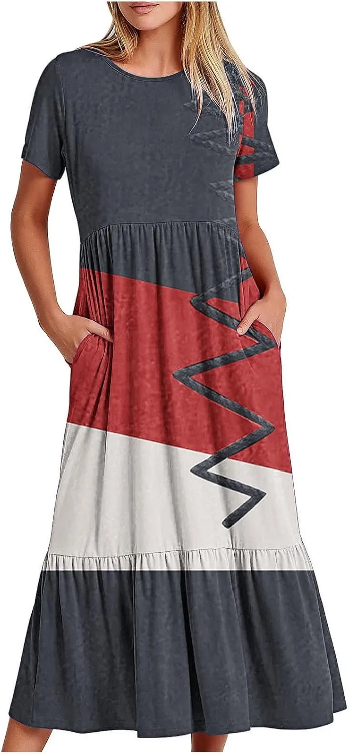 ZDRZK Casual Dresses for Women Tiered Flowy Swing Summer Beach Maxi Dresses Color Block Beach Long Dress with Pockets