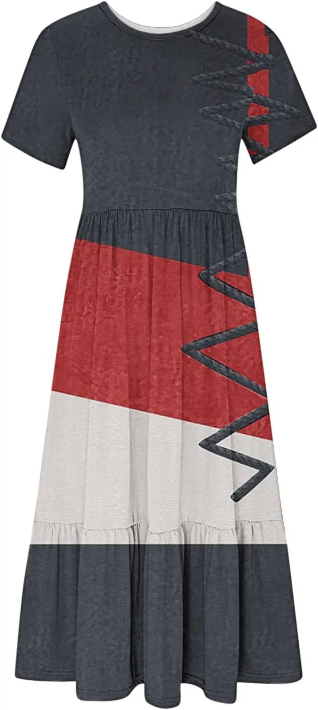 ZDRZK Casual Dresses for Women Tiered Flowy Swing Summer Beach Maxi Dresses Color Block Beach Long Dress with Pockets