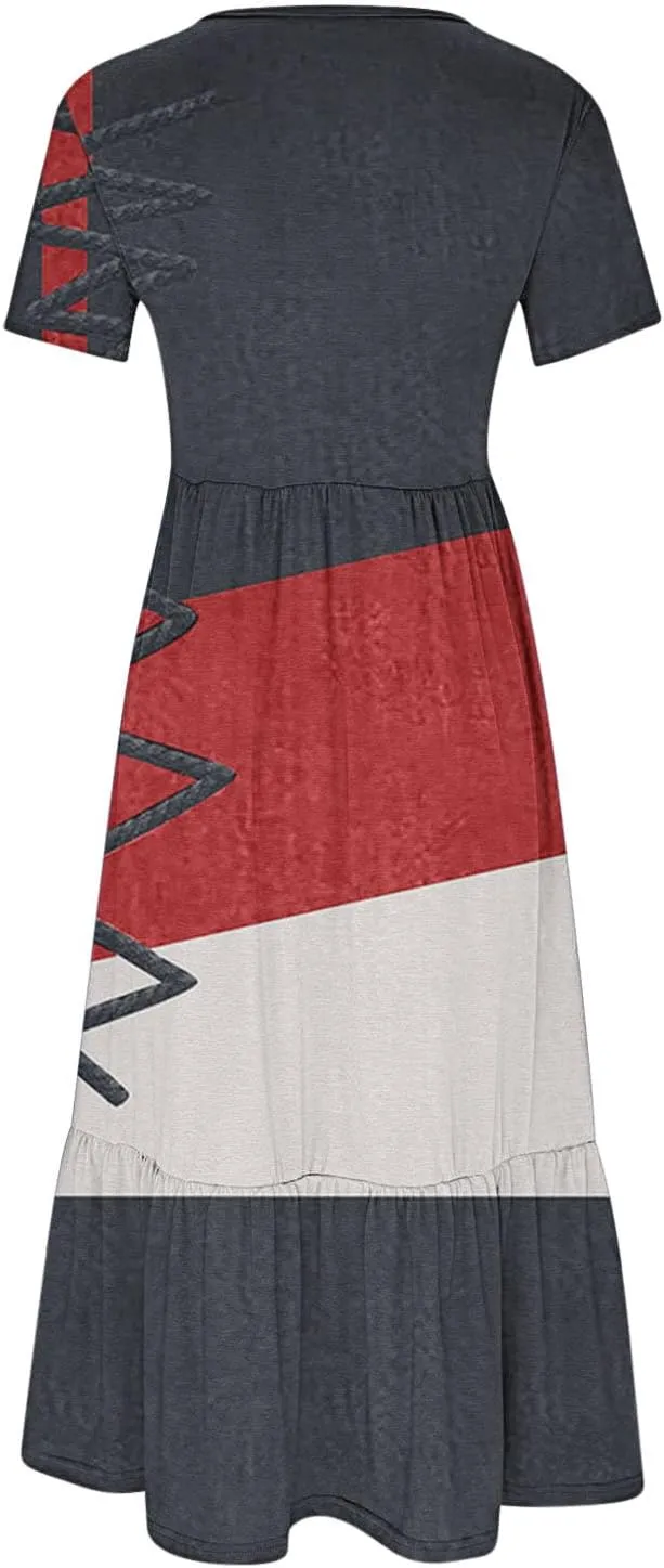 ZDRZK Casual Dresses for Women Tiered Flowy Swing Summer Beach Maxi Dresses Color Block Beach Long Dress with Pockets